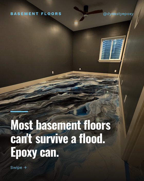Slide 1 of 8: a slide from a Dynasty Epoxy slide post about basement floors that survive a flood