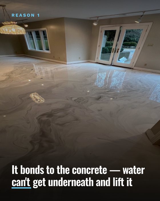 Slide 4 of 8: a slide from a Dynasty Epoxy slide post about basement floors that survive a flood