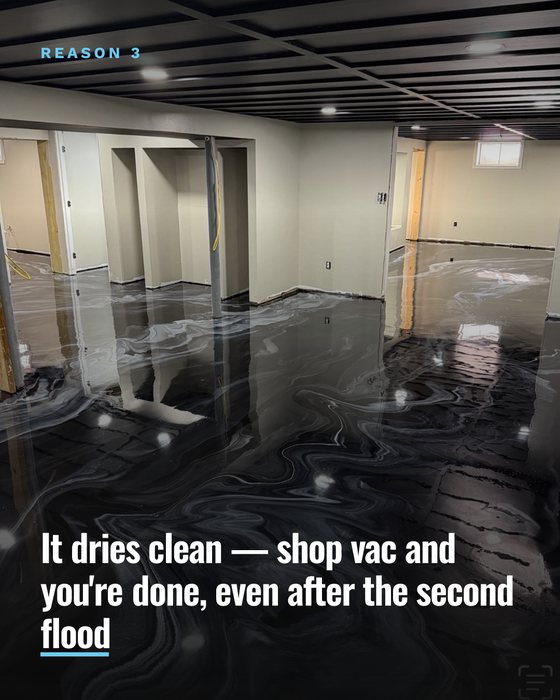 Slide 6 of 8: a slide from a Dynasty Epoxy slide post about basement floors that survive a flood
